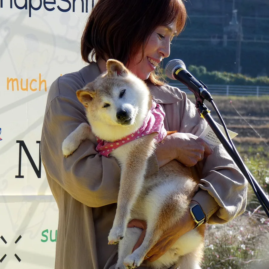 Kabosu, the dog in the picture, with her owner. She died in 2024.