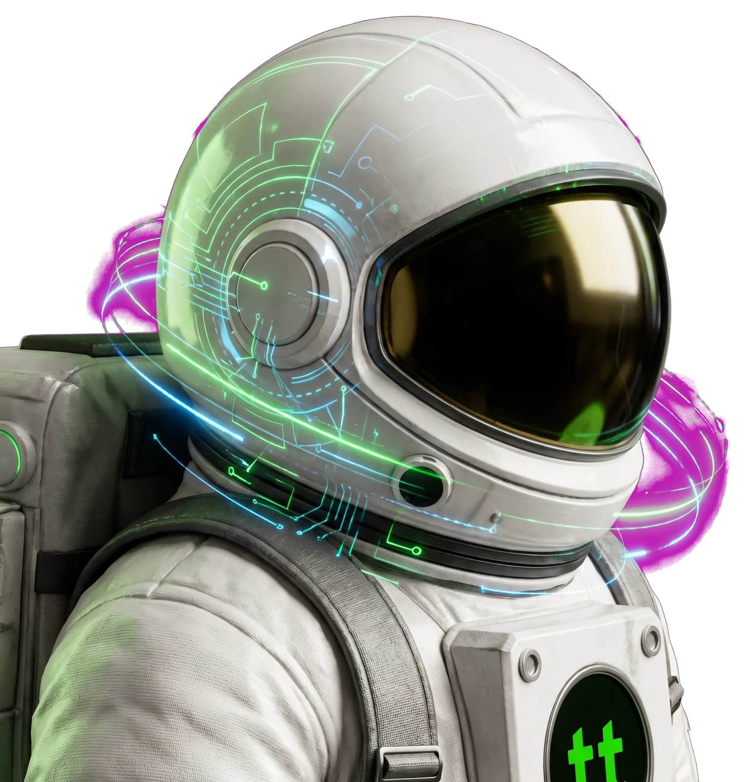 The TT astronaut in profile, circuit lines across the helmet