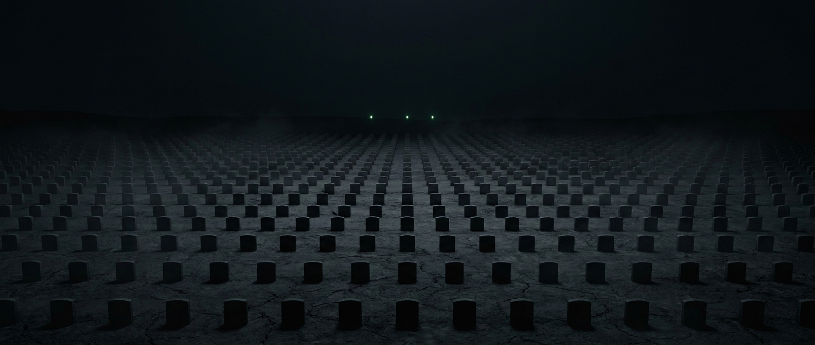 A field of identical headstones running to the horizon, three green lights in the distance