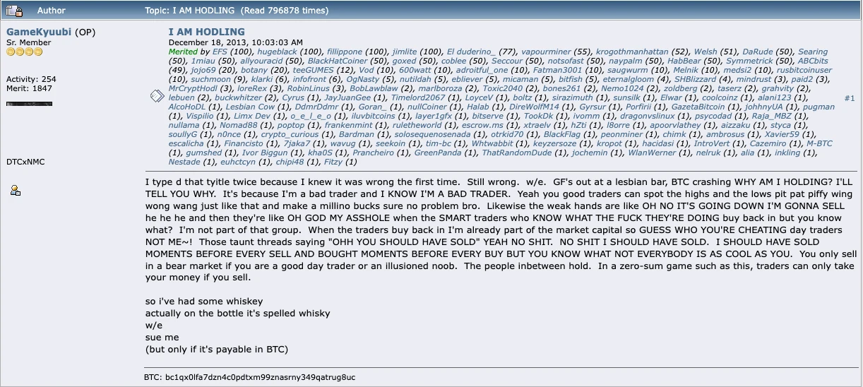 The original I AM HODLING post on bitcointalk, dated 18 December 2013, by user GameKyuubi