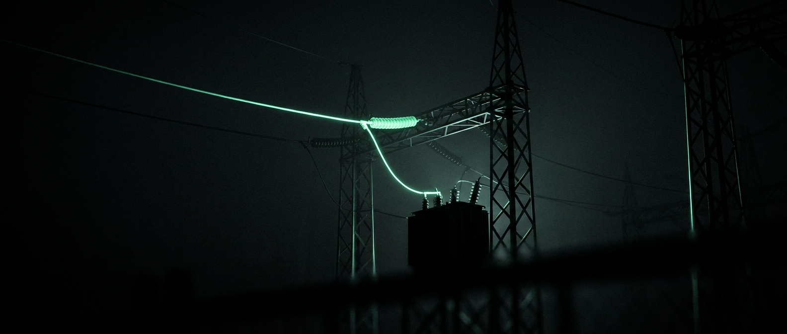 A dark power substation under a night sky, one green wire glowing brighter than the rest